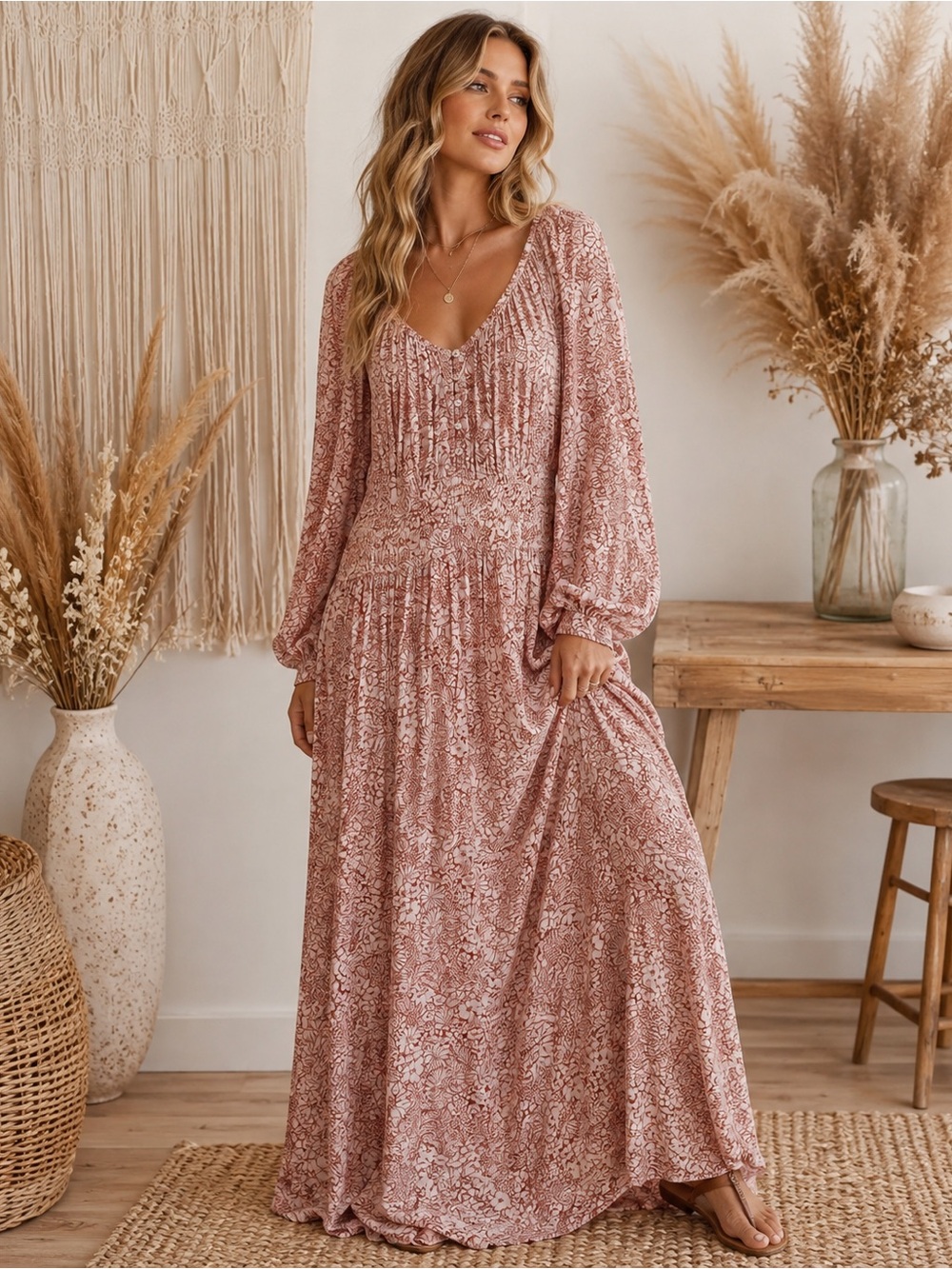 Boho Floral Fairy Garden Pocketed Maxi Dress